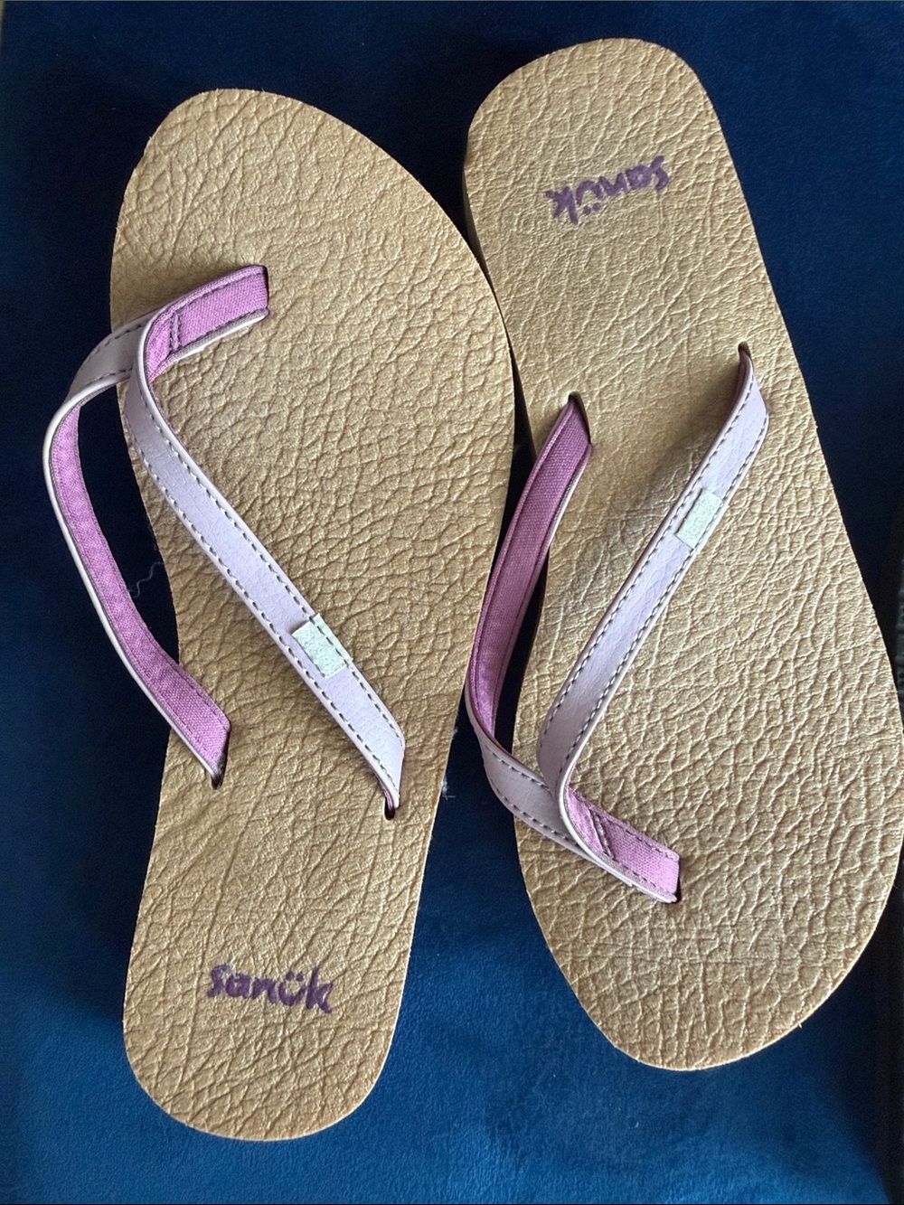 Sanuk Flip Flops in Tan with Purple Straps and Black with Green Logo - Picture 3 of 4